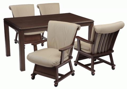 ダイニングこたつセットつばき135ブラウン キャスター付きの椅子とこたつ布団なしの画像