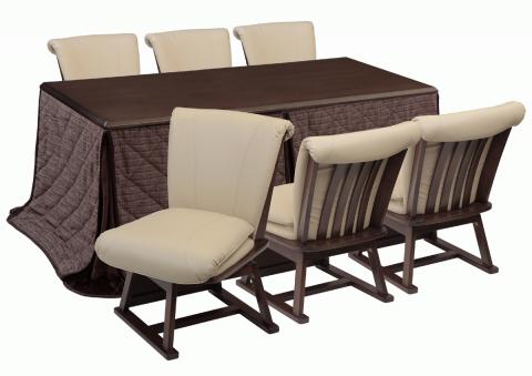 ダイニングこたつセットつばき180ブラウン　キャスター付きの椅子とこたつ布団ありの画像