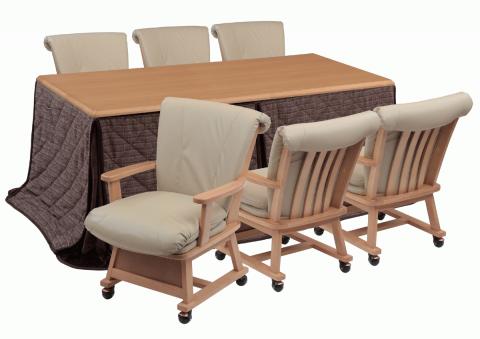 ダイニングこたつセットつばき180ナチュラル キャスター付きの椅子とこたつ布団ありの画像