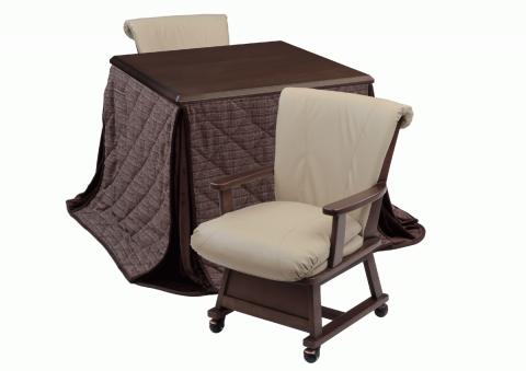 ダイニングこたつセットつばき80ブラウン　キャスター付きの椅子とこたつ布団ありの画像