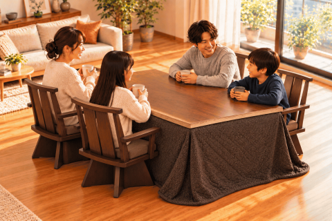 日向150ブラウンを家族4人で囲む使用イメージ