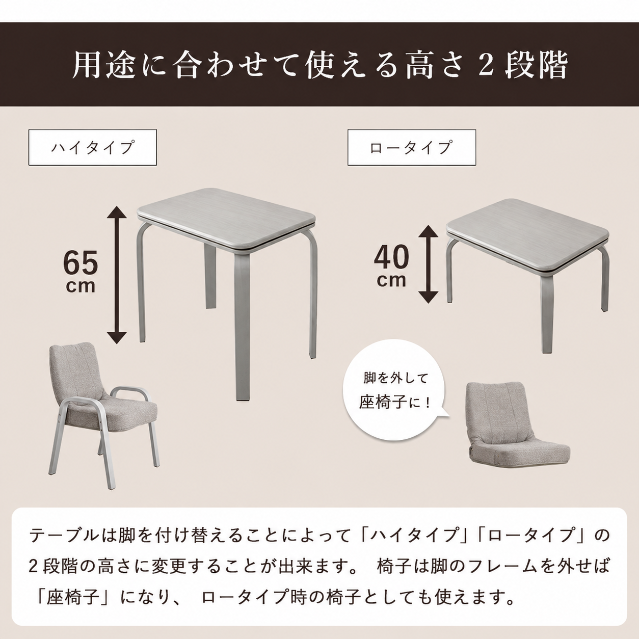 グレー色のハイ・ロー切り替えと椅子から座椅子への変更